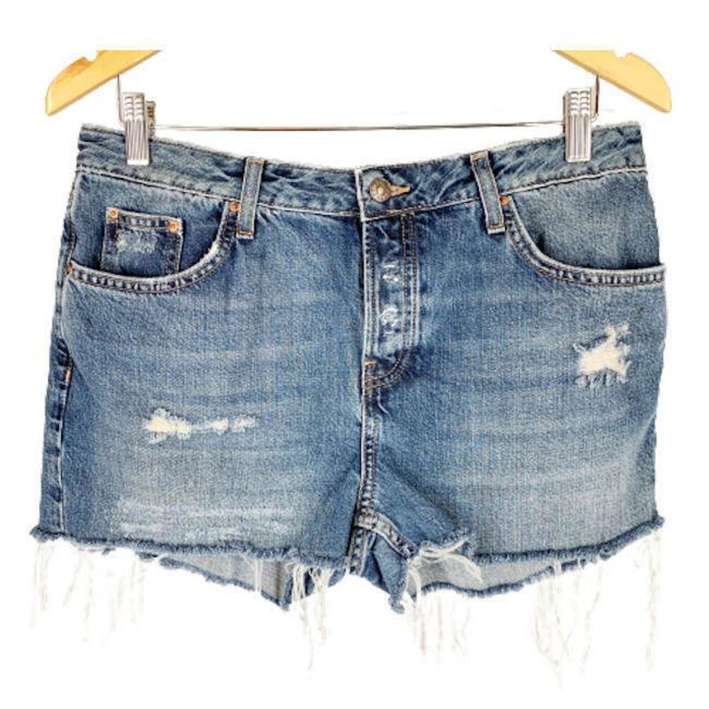 Vintage Topshop Jeans Shorts 30 Distressed Blue Denim Button Fly Frayed Cutoff
